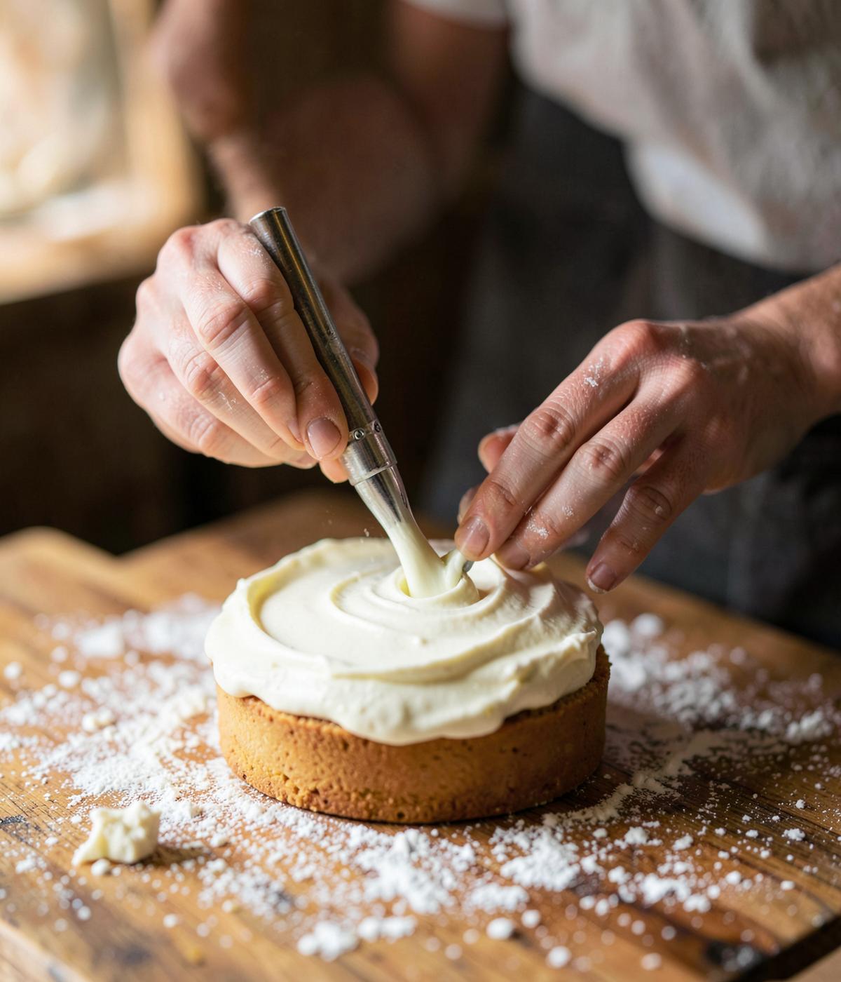 Mãos de confeiteira finalizando a cobertura de um bolo artesanal sobre mesa de madeira