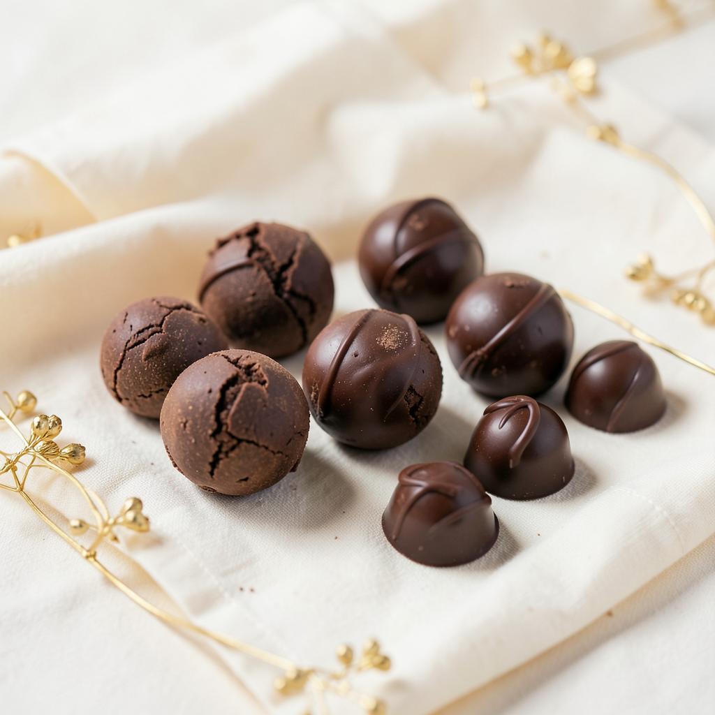 Brigadeiros e bombons artesanais dispostos sobre tecido de linho cru