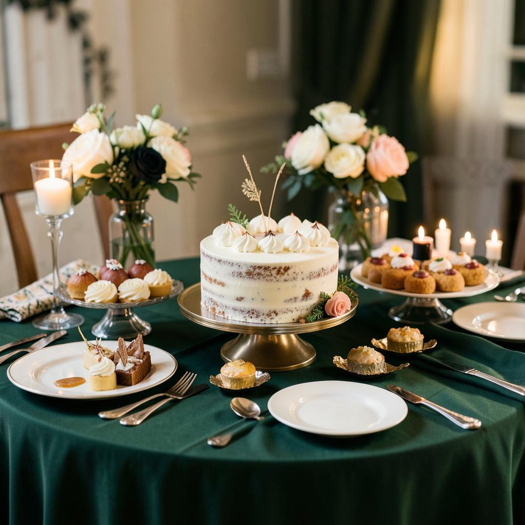 Mesa de festa com bolo artesanal e doces finos em ambiente decorado em verde e creme