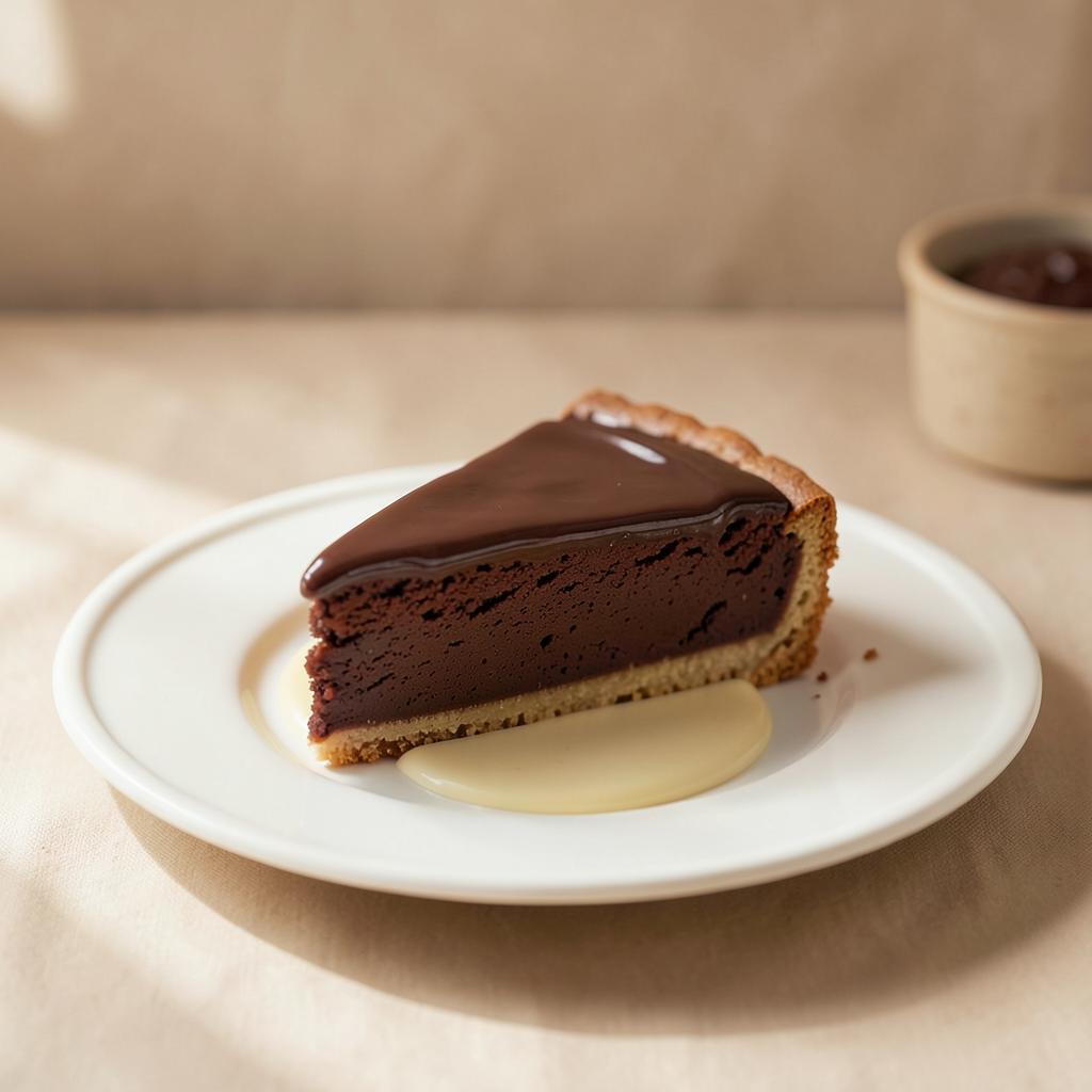 Fatia de torta artesanal de chocolate com ganache brilhante servida em prato claro